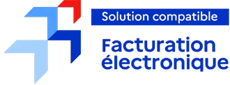 Logo bleu avec formes géométriques et texte indiquant « Solution compatible Facturation électronique ».