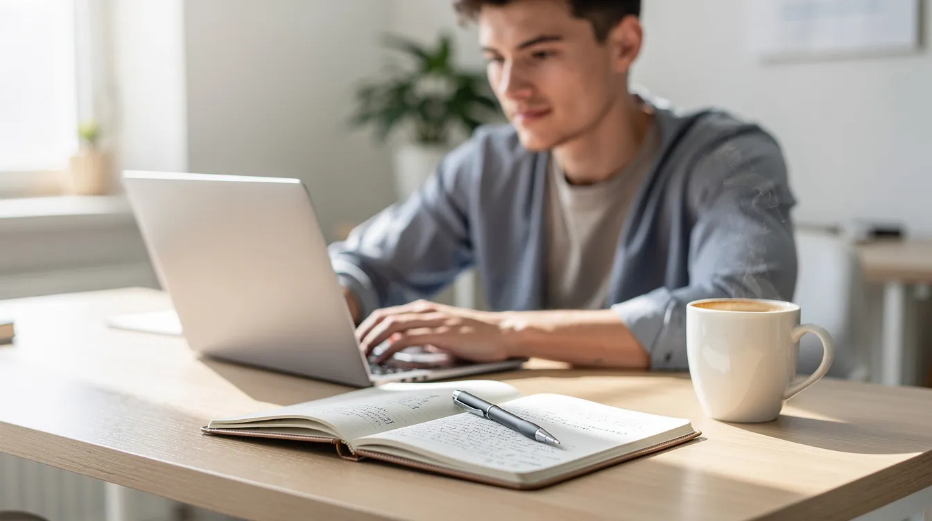 Un indépendant est assis à un bureau clair, travaillant sur un ordinateur portable. À côté, un carnet et une tasse de café sont visibles, suggérant une ambiance de travail concentrée, idéale pour gérer la facturation et les devis des micro entreprises.