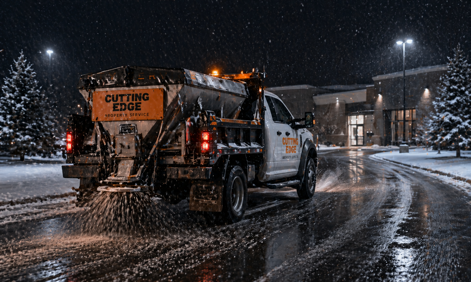 plow truck, salt spreader in commercial parking lot