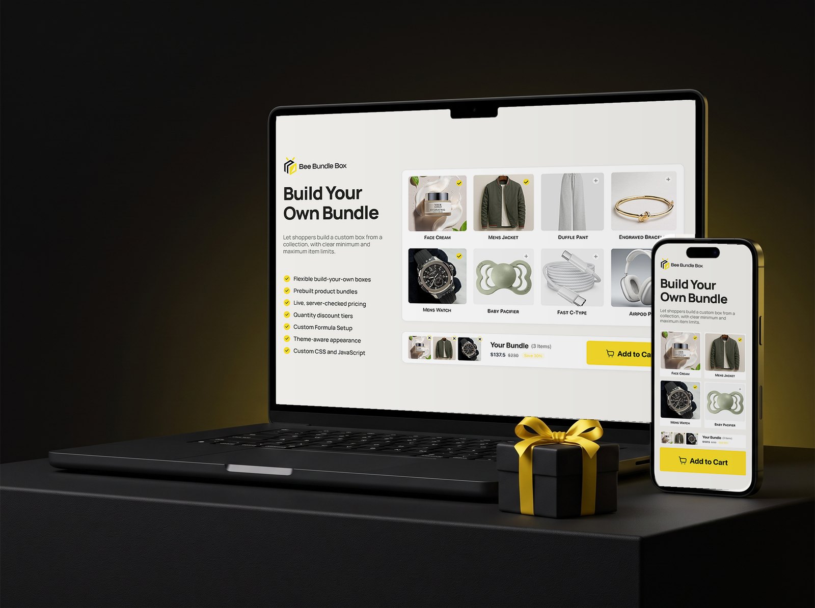 Bee Bundle Box Shopify app open on a laptop and phone, showing a build-your-own bundle page