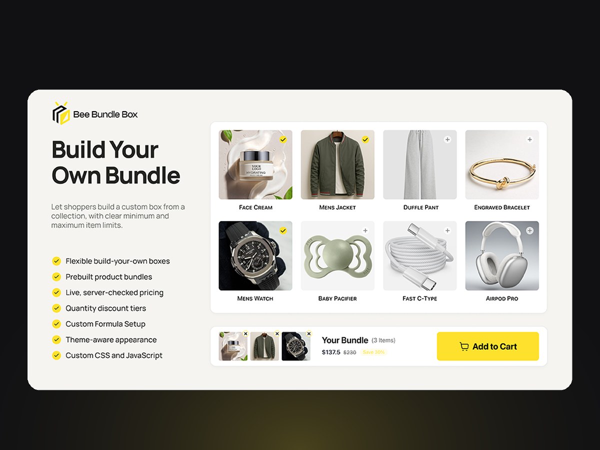 Bee Bundle Box Shopify bundle app showing a build-your-own bundle page