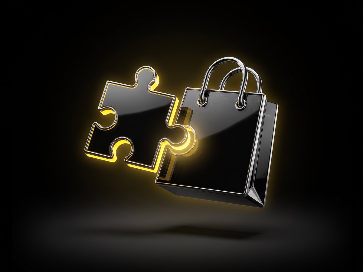 Puzzle piece fitting a shopping bag, representing custom Shopify app development