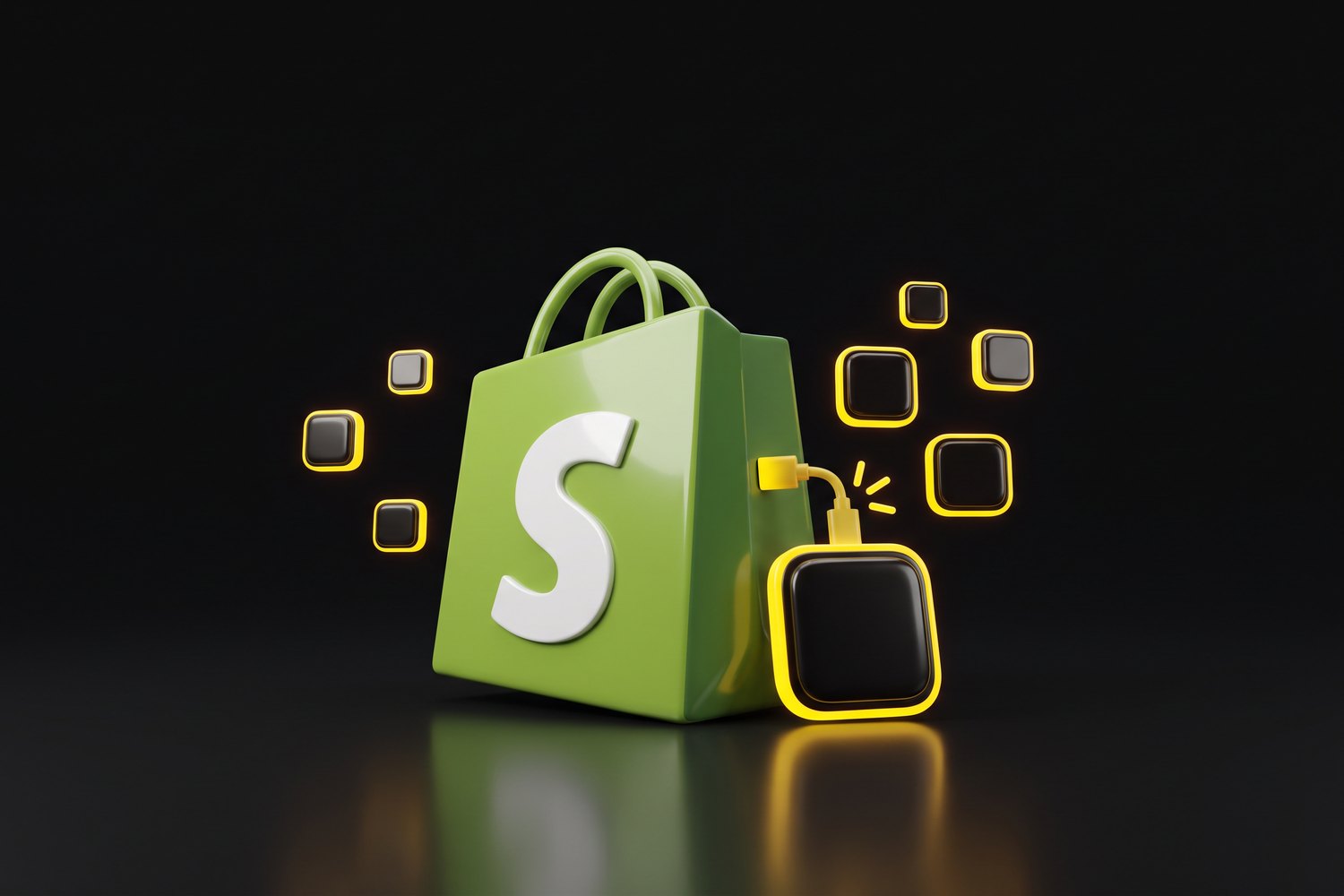 Shopify bag with an app tile plugged in, representing custom Shopify app development by Bee Creative