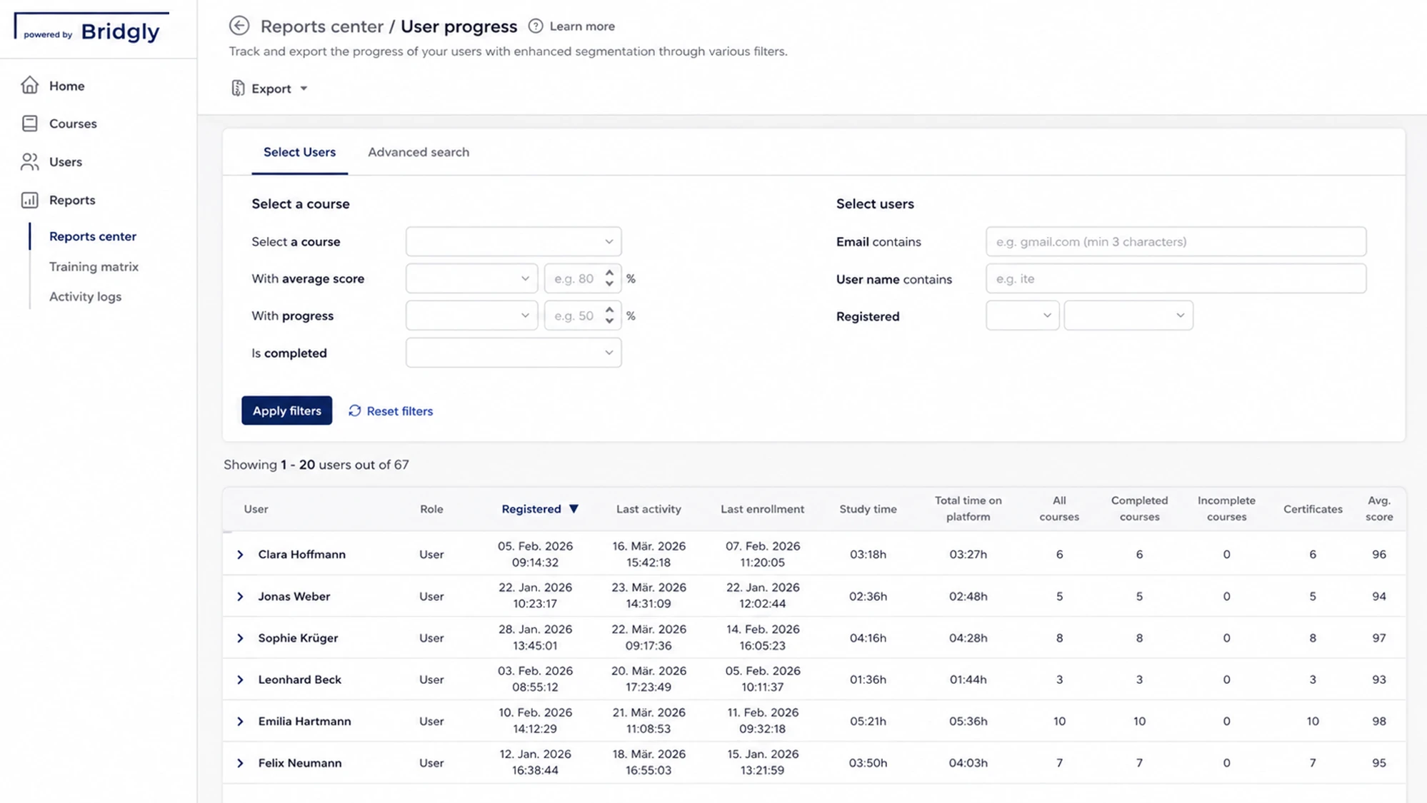 Bridgly-Lernplattform: Dashboard-Übersicht mit Kursfortschritt