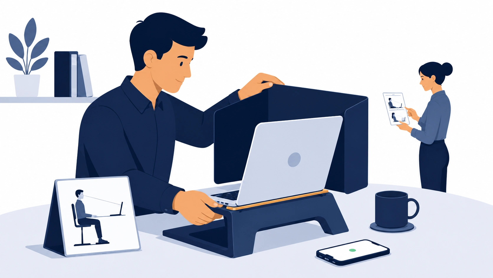 Heim-Laptop-Setup mit Haltungs-Anleitung und Sichtschutzkarte für Ergonomie, Datenschutz und IT-Sicherheit