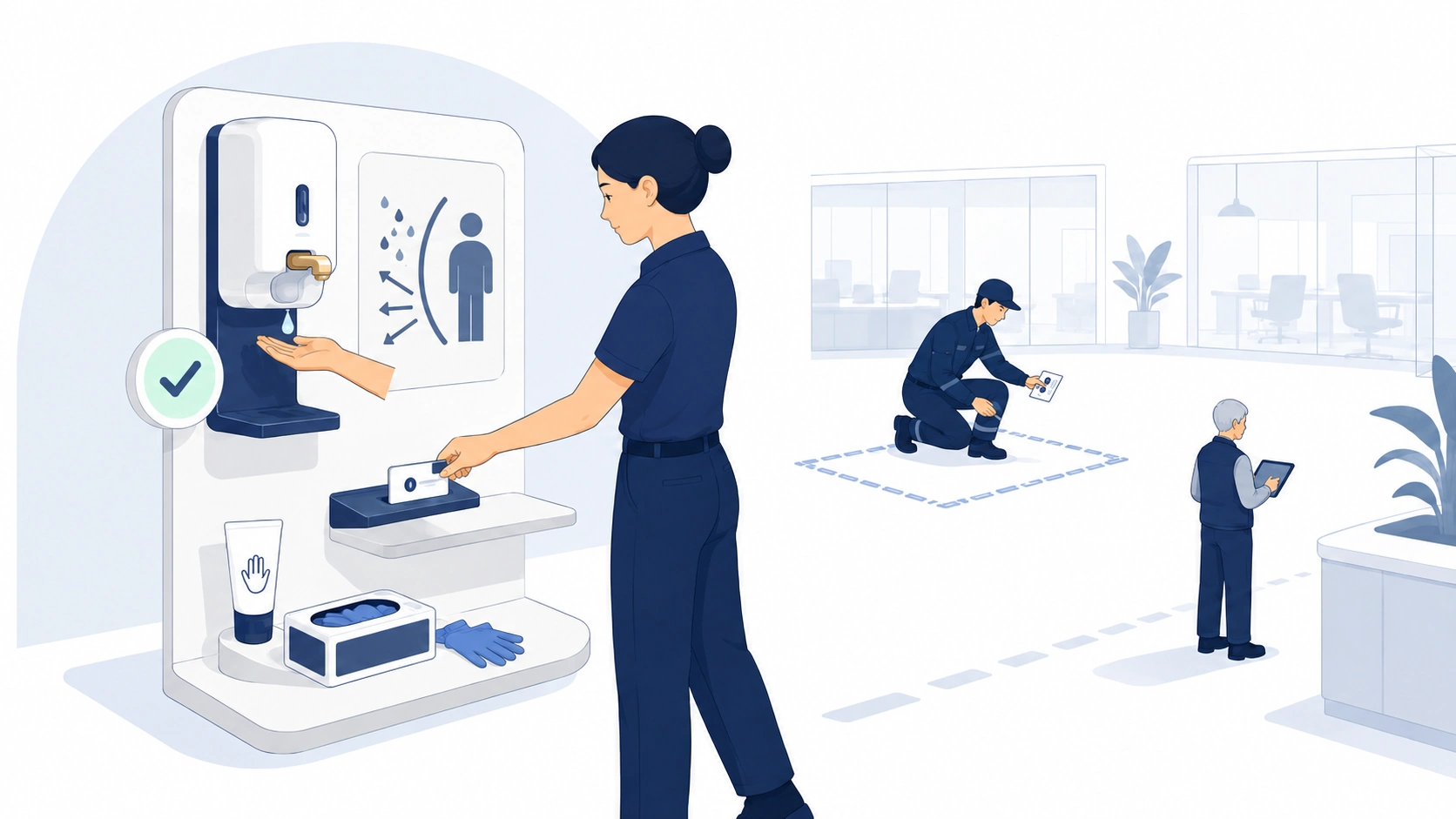 Hand-Hygienestation mit Tröpfchenbarriere-Karte für Händehygiene, Lüftung und PSA-Einsatz im Büro