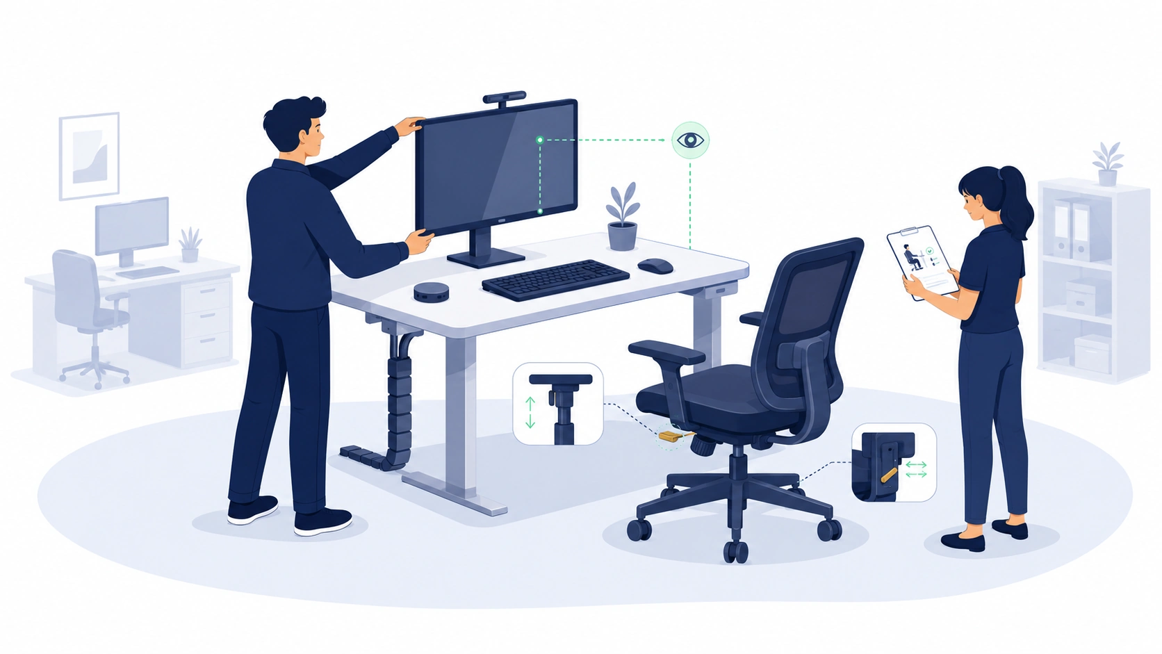 Schreibtisch mit Monitor-Höhenanleitung und verstellbarem Stuhl für ergonomische Bildschirmarbeit und Sitzhaltung