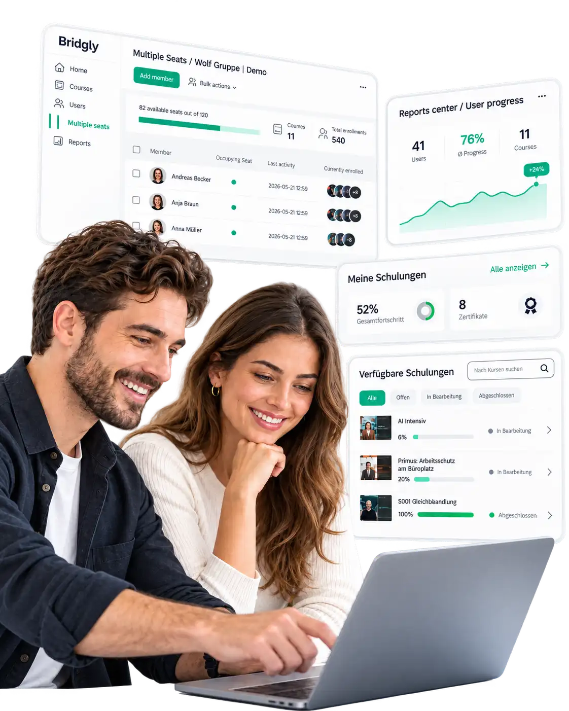 Mann und Frau sitzen gemeinsam am Laptop und die Lernplatform an
