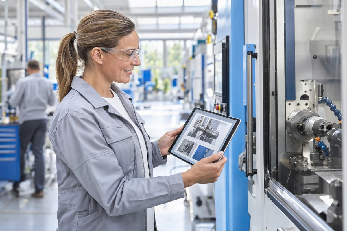 Mitarbeiterin in einer hellen Fertigungshalle gleicht eine Situation an der Maschine mit dem Tablet ab