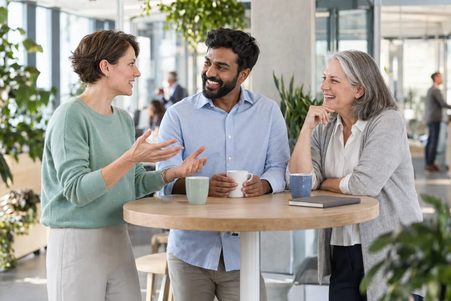 Drei Mitarbeitende stehen gut gelaunt im hellen Büro an einem Stehtisch mit Kaffeetassen zusammen und unterhalten sich