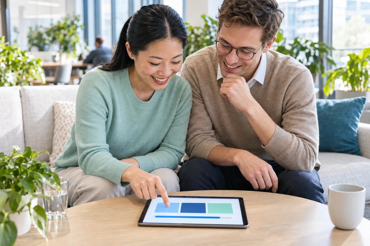Zwei Mitarbeitende beugen sich lachend über ein Tablet auf dem Tisch und lösen gemeinsam eine Quizaufgabe