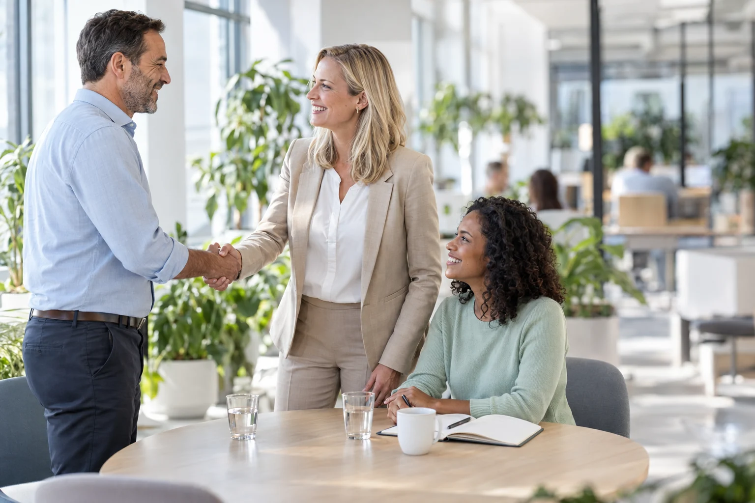 Eine Frau und ein Mann geben sich in einem hellen Büro lachend die Hand, eine zweite Frau am Tisch schaut lächelnd zu