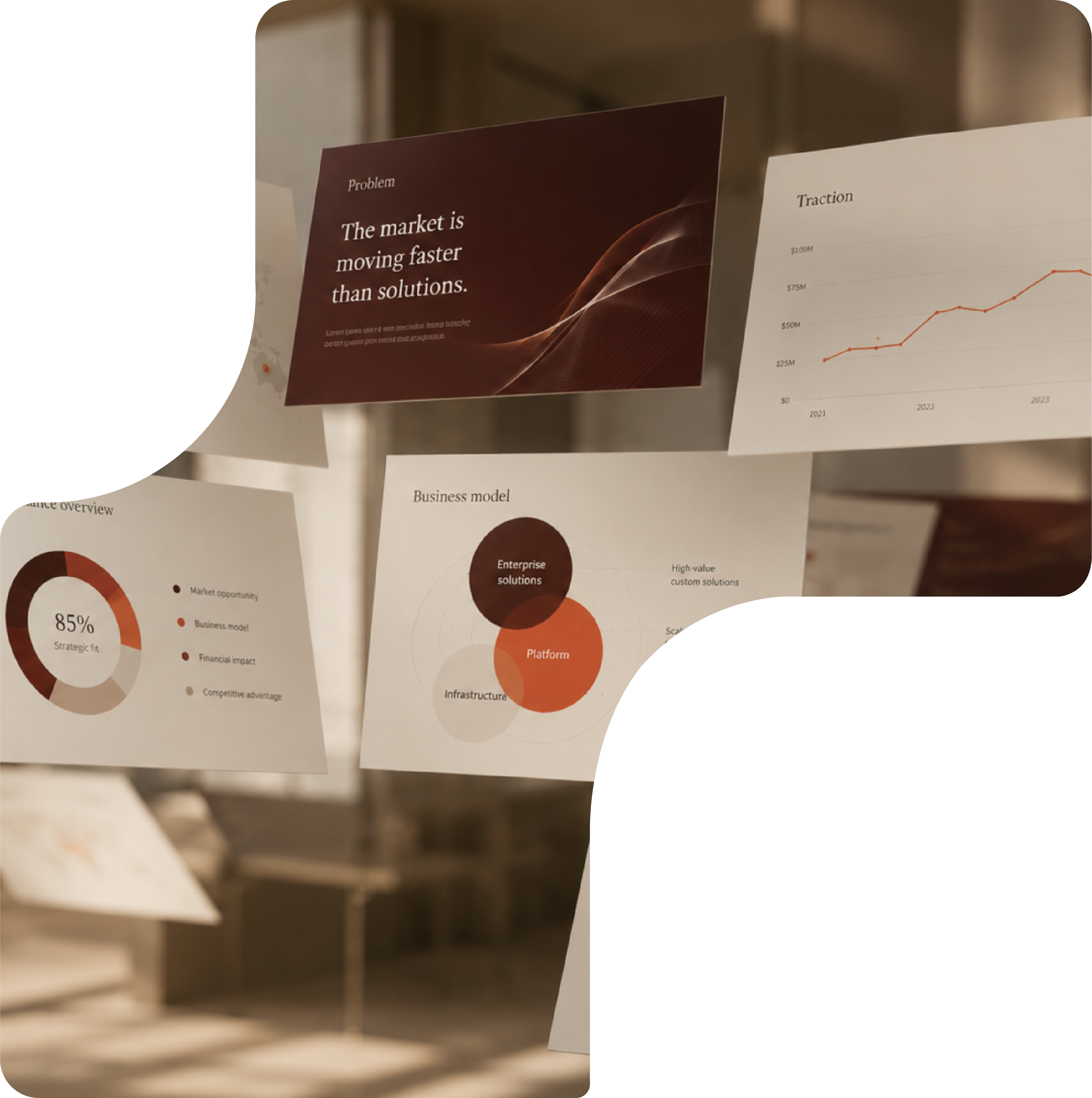 Pitch deck slides on a wall
