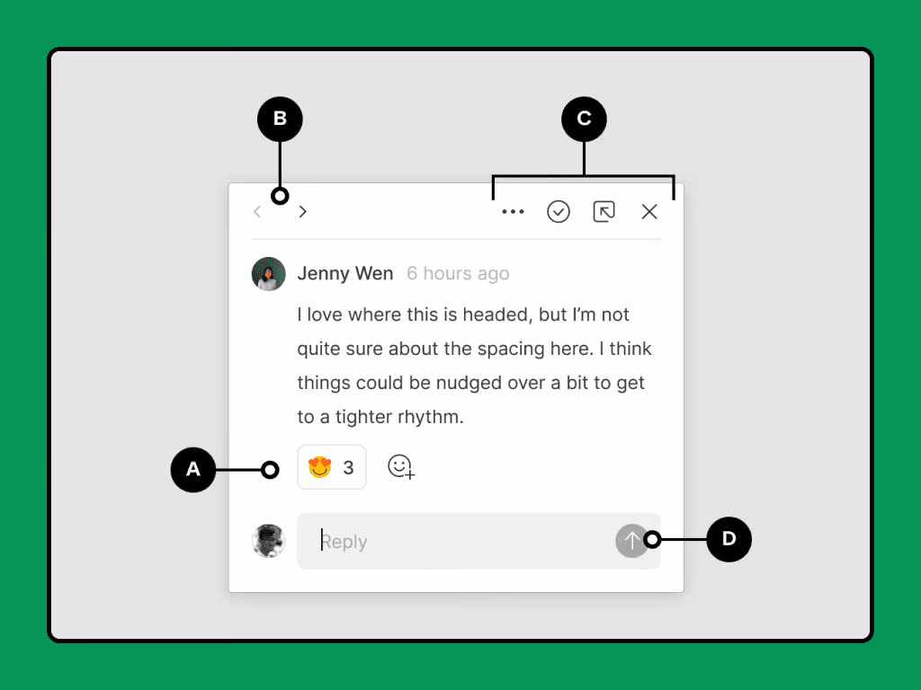Commenting interface with a user's feedback and labeled features like reactions, options, and reply button.