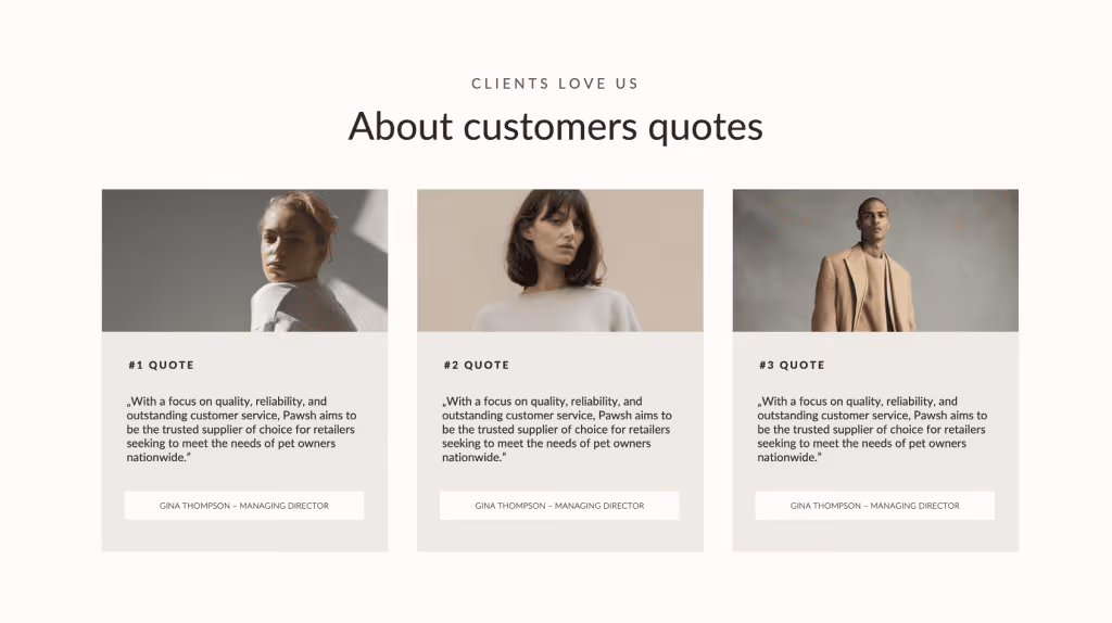 Three customer testimonials displayed in a grid format with portraits and quotes about quality and reliability.