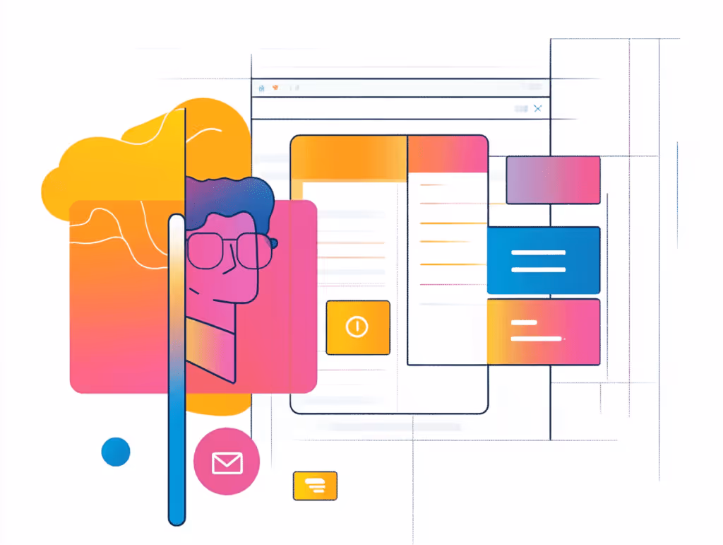 Abstract illustration featuring a colorful gradient design with human face elements, email icons, and layered user interface components