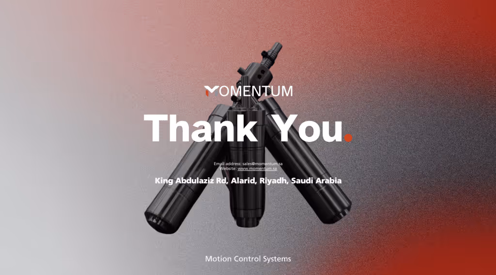 Momentum branding with the text 'Thank You,' motion control system equipment, and contact details for Riyadh, Saudi Arabia.