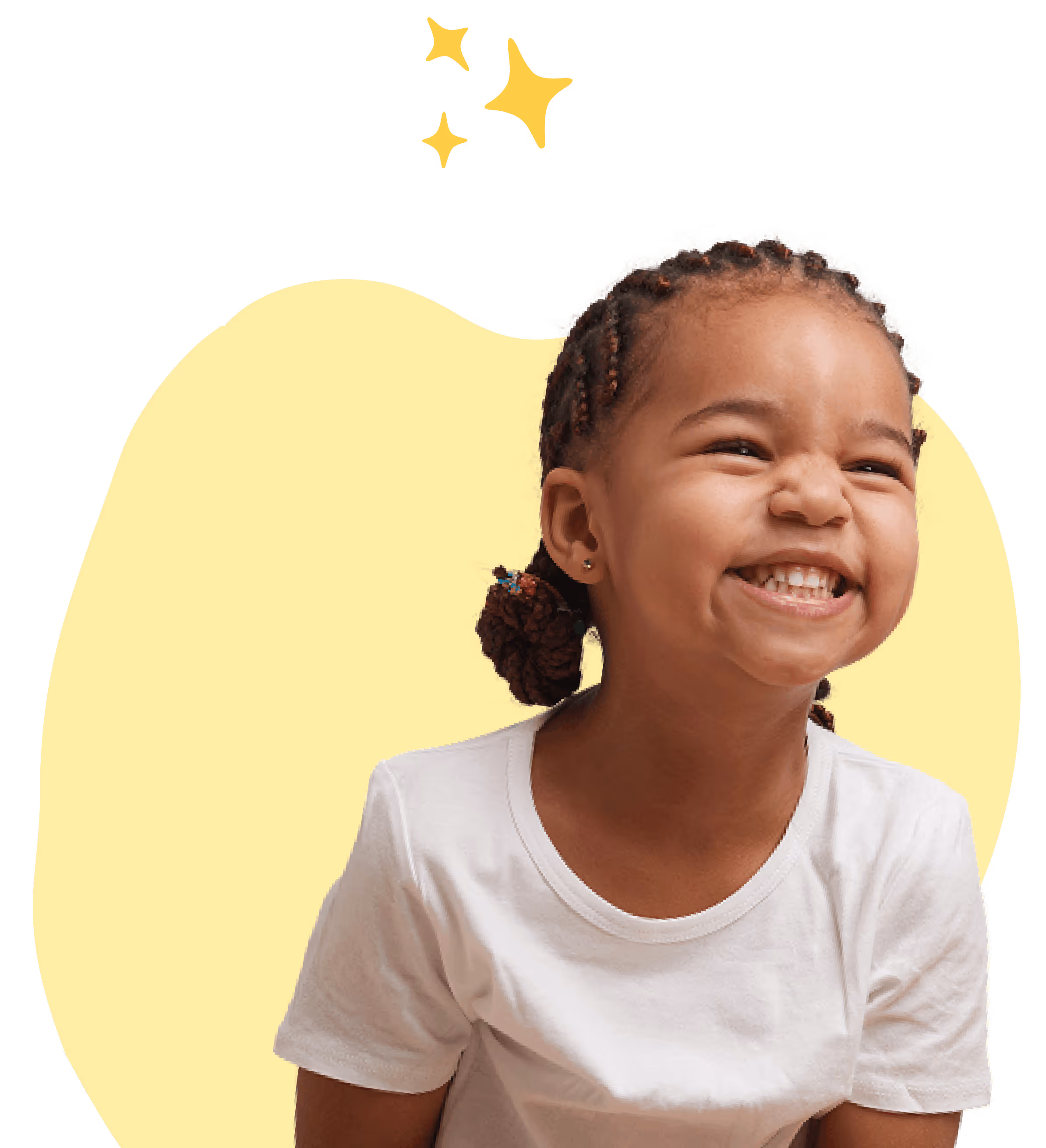 Smiling young girl with braided hair wearing a white t-shirt against a yellow abstract background with sparkles.