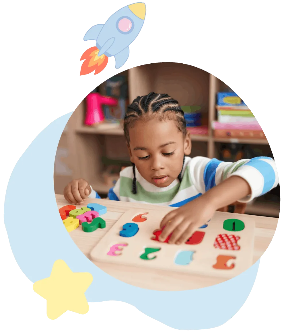 Child with braided hair playing with a colorful number puzzle on a wooden table.