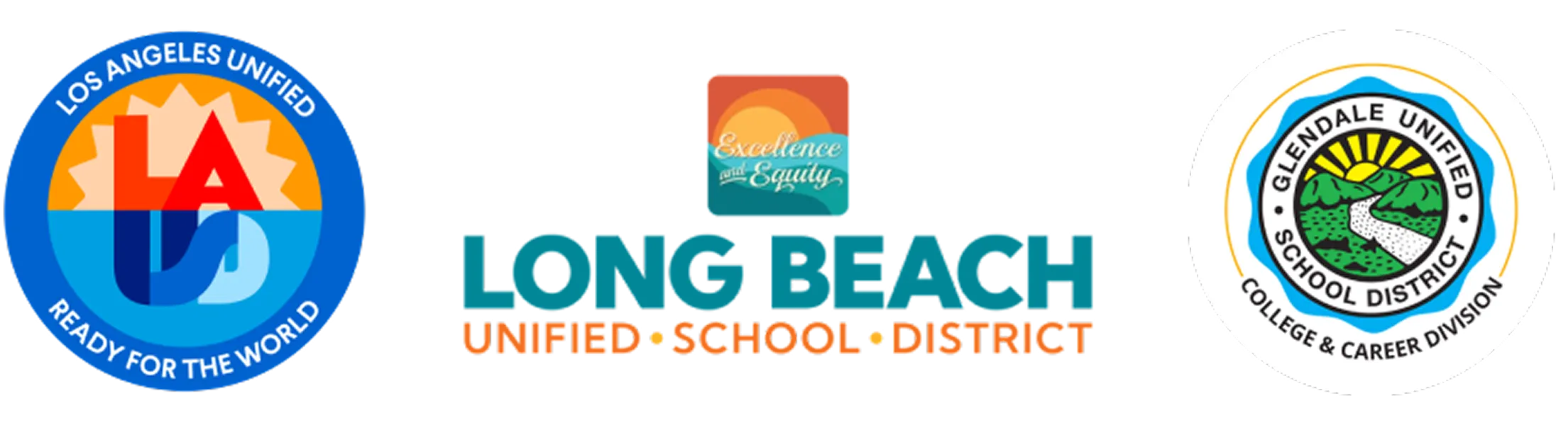 Logos of Los Angeles Unified, Long Beach Unified School District, and Glendale Unified College and Career Division.
