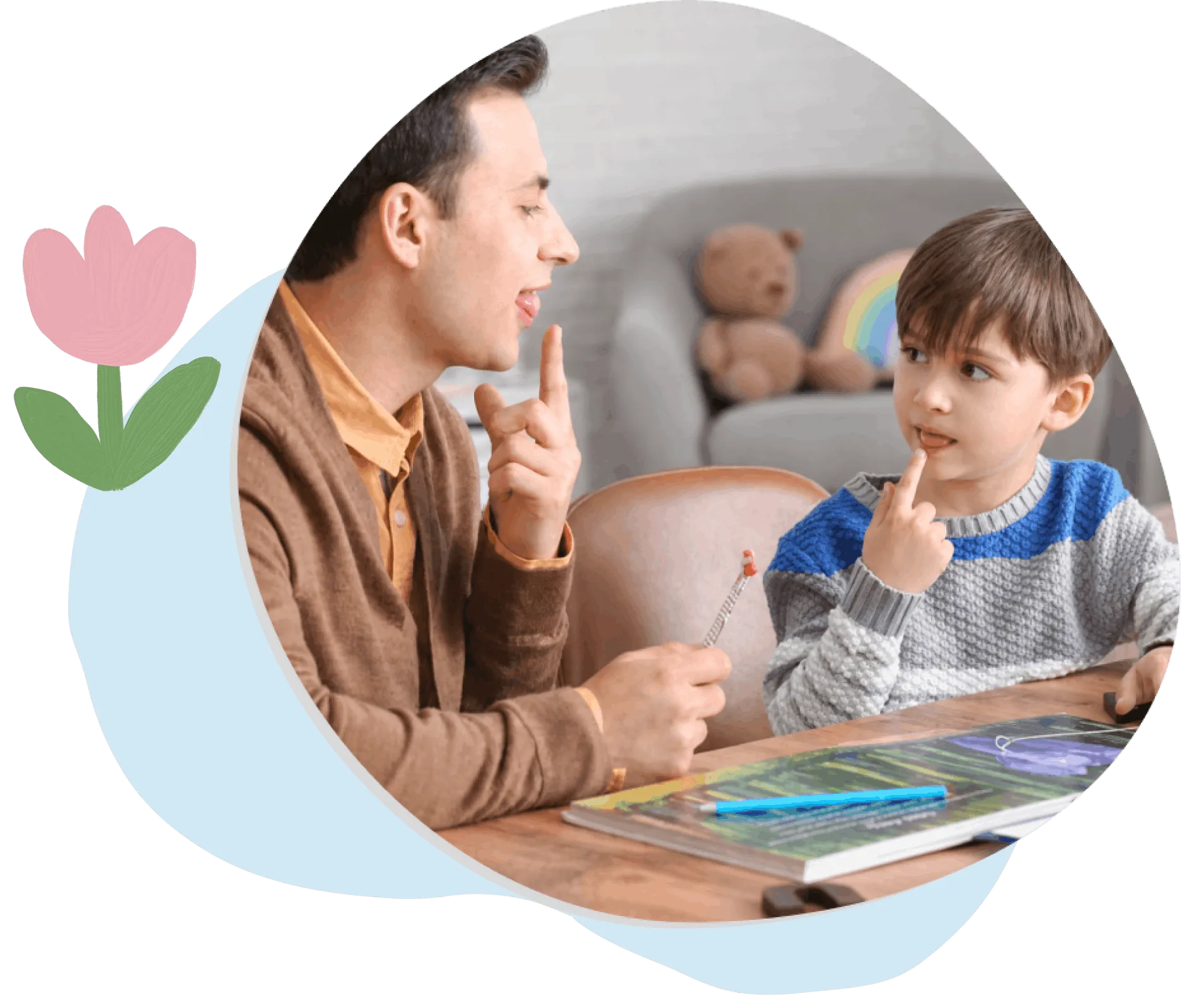 Man teaching young boy sign language while both touch their lips with their index fingers.