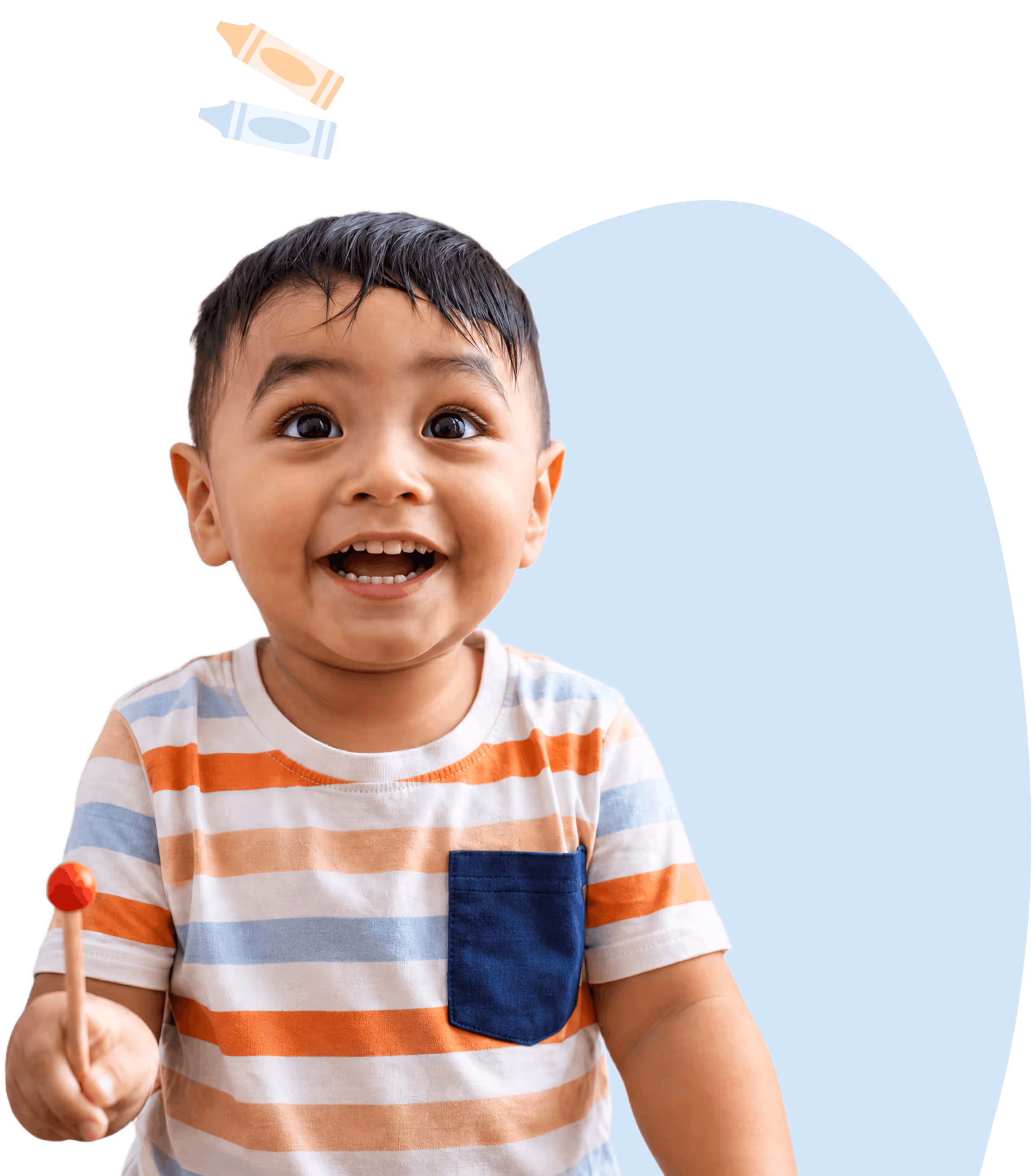 Smiling toddler in a striped shirt holding a red-tipped drumstick with crayon illustrations above.
