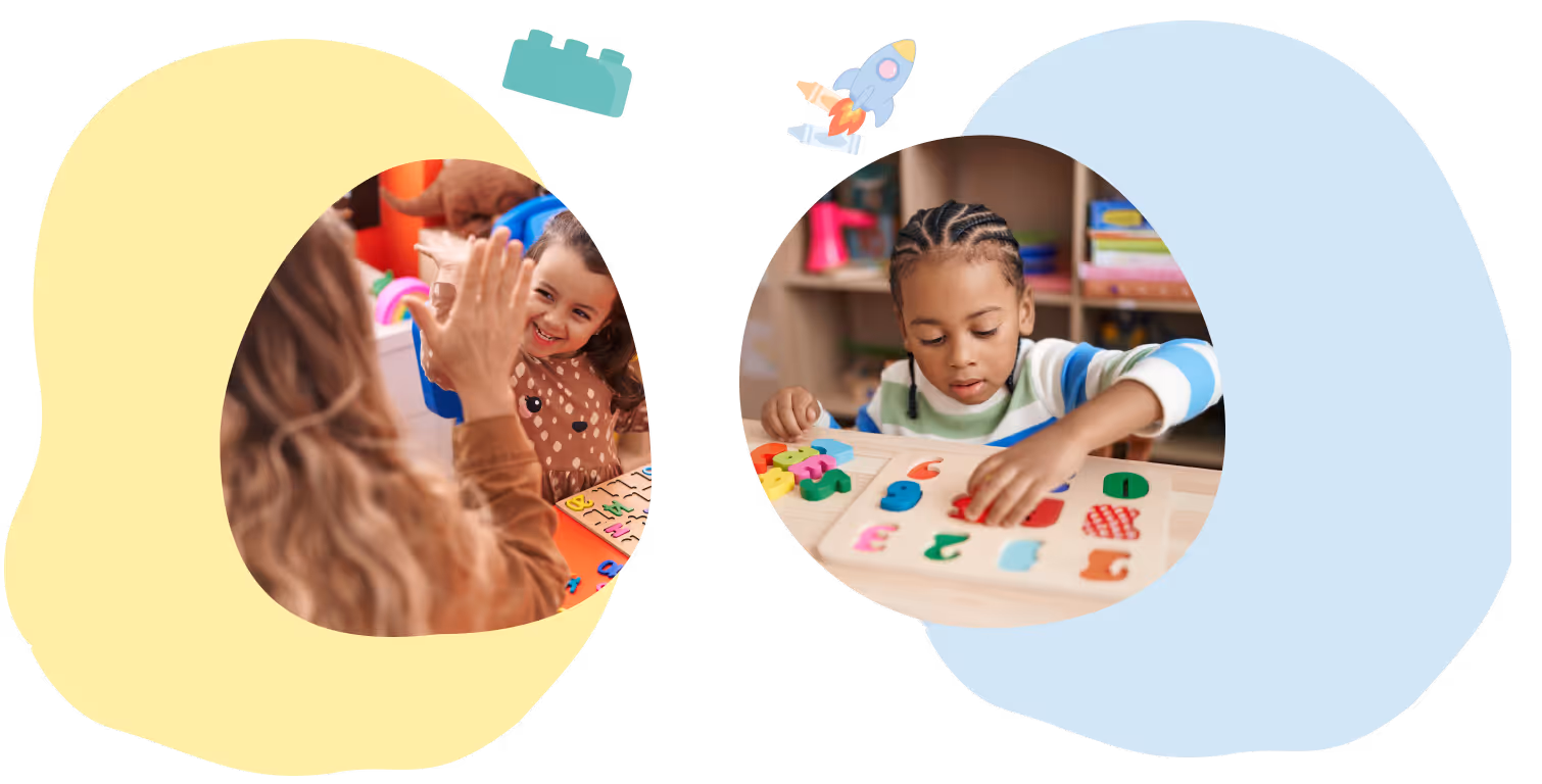 Two children playing with educational toys: one gives a high five, the other works on a number puzzle.