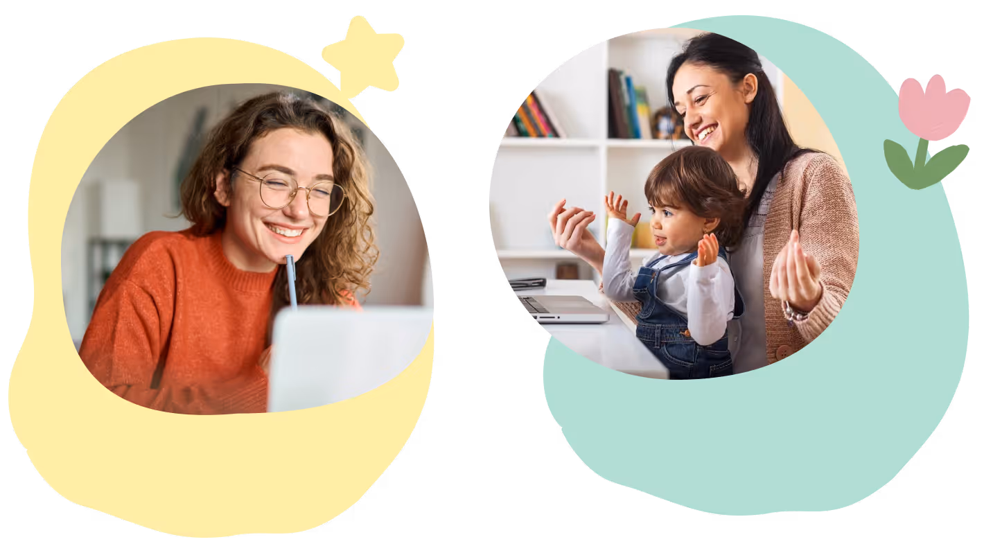 Smiling woman with glasses on left and woman with toddler on right, both using laptops, with colorful backgrounds.