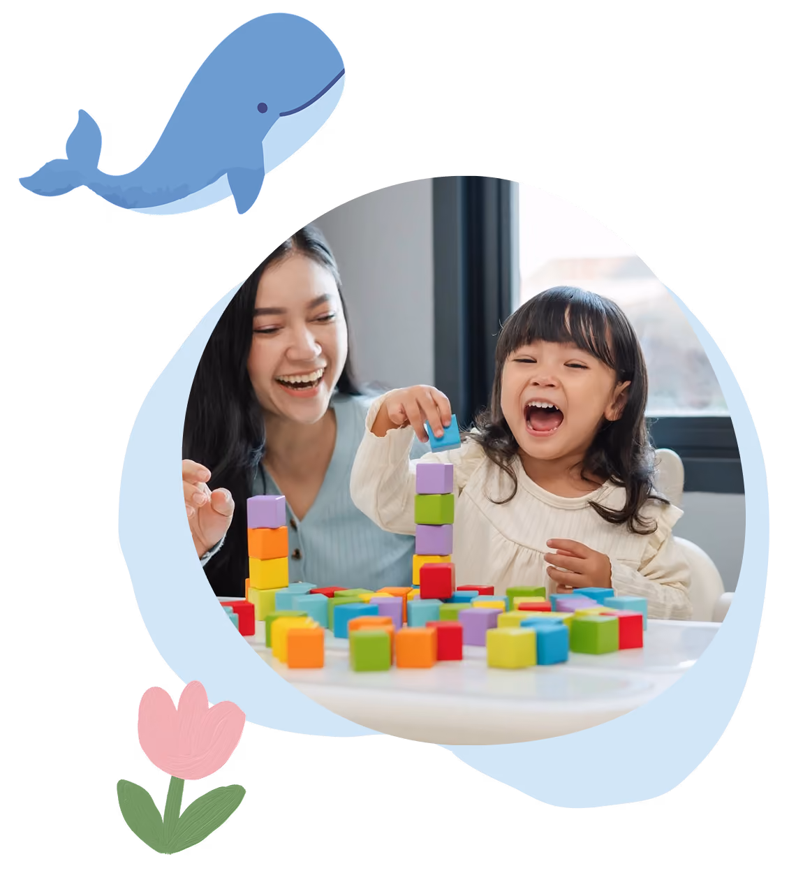 Smiling woman and child playing with colorful blocks, building towers at a table near window.
