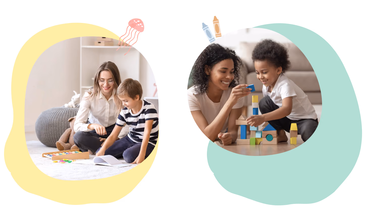 Two women playing and learning with young boys using toys and blocks indoors.