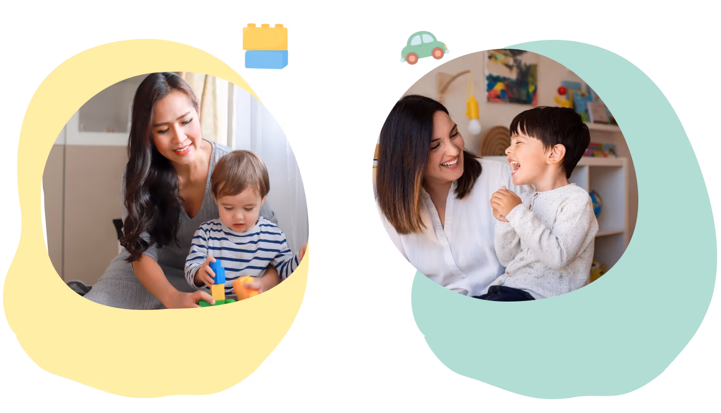Two mothers playing and laughing with their young children in cozy indoor settings.