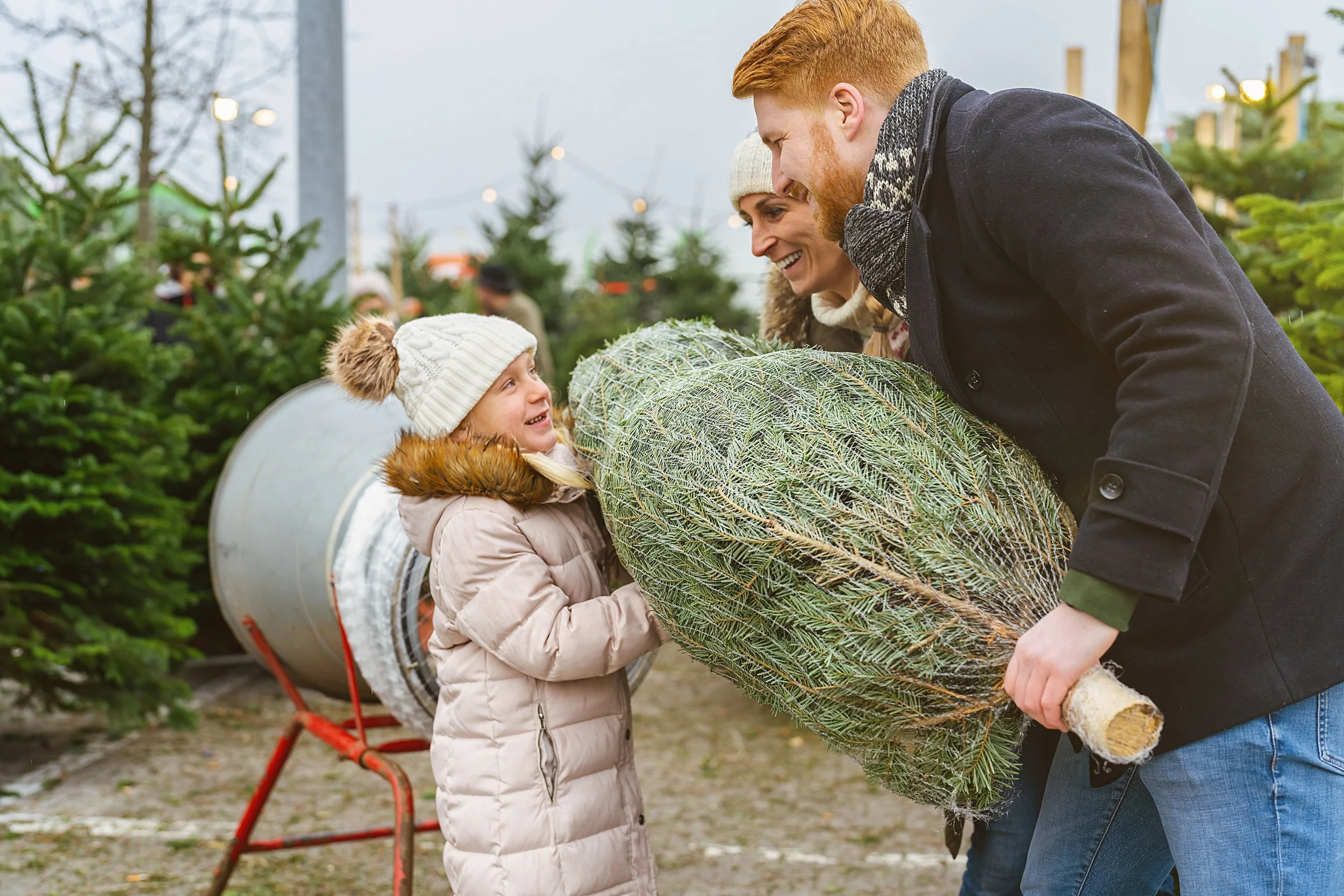 Family with a child on the autism spectrum choosing a Christmas tree, practicing choice-making and sensory comfort during a holiday tradition.
