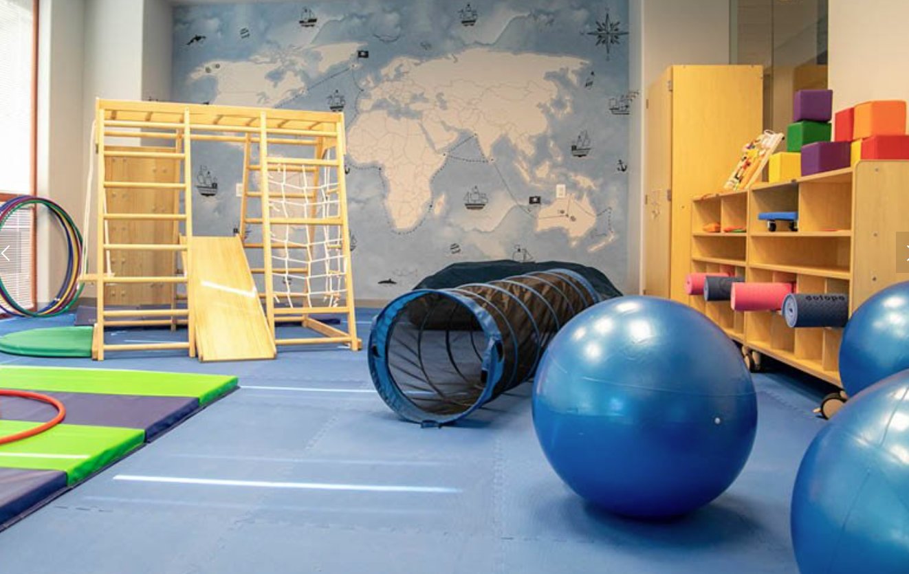 Sensory gym with wooden climbing structure, tunnel, and exercise balls in an ABA therapy clinic