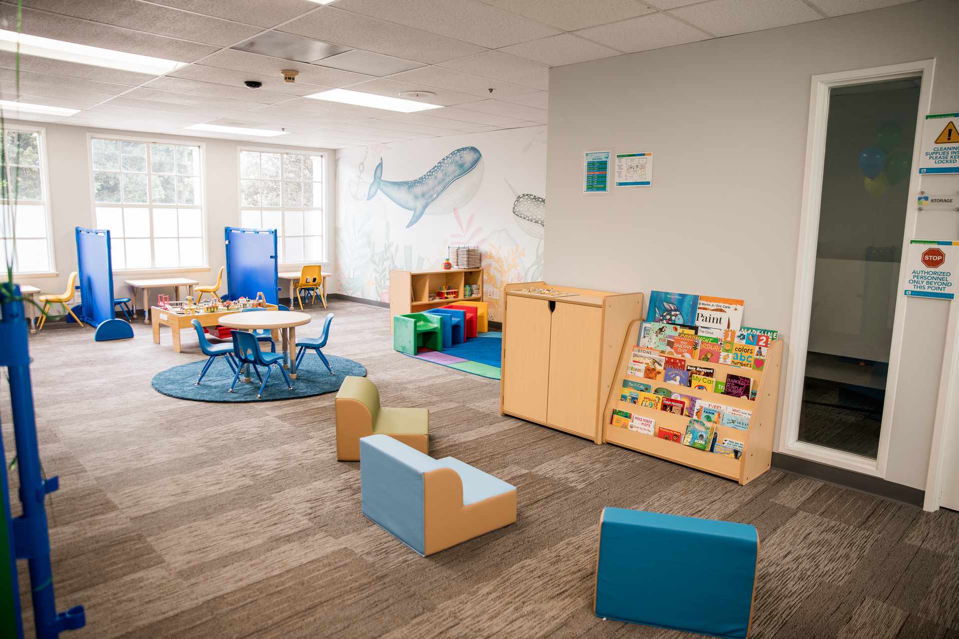 Open play area with ocean mural, reading corner, and direct therapy cubicles in an autism therapy center
