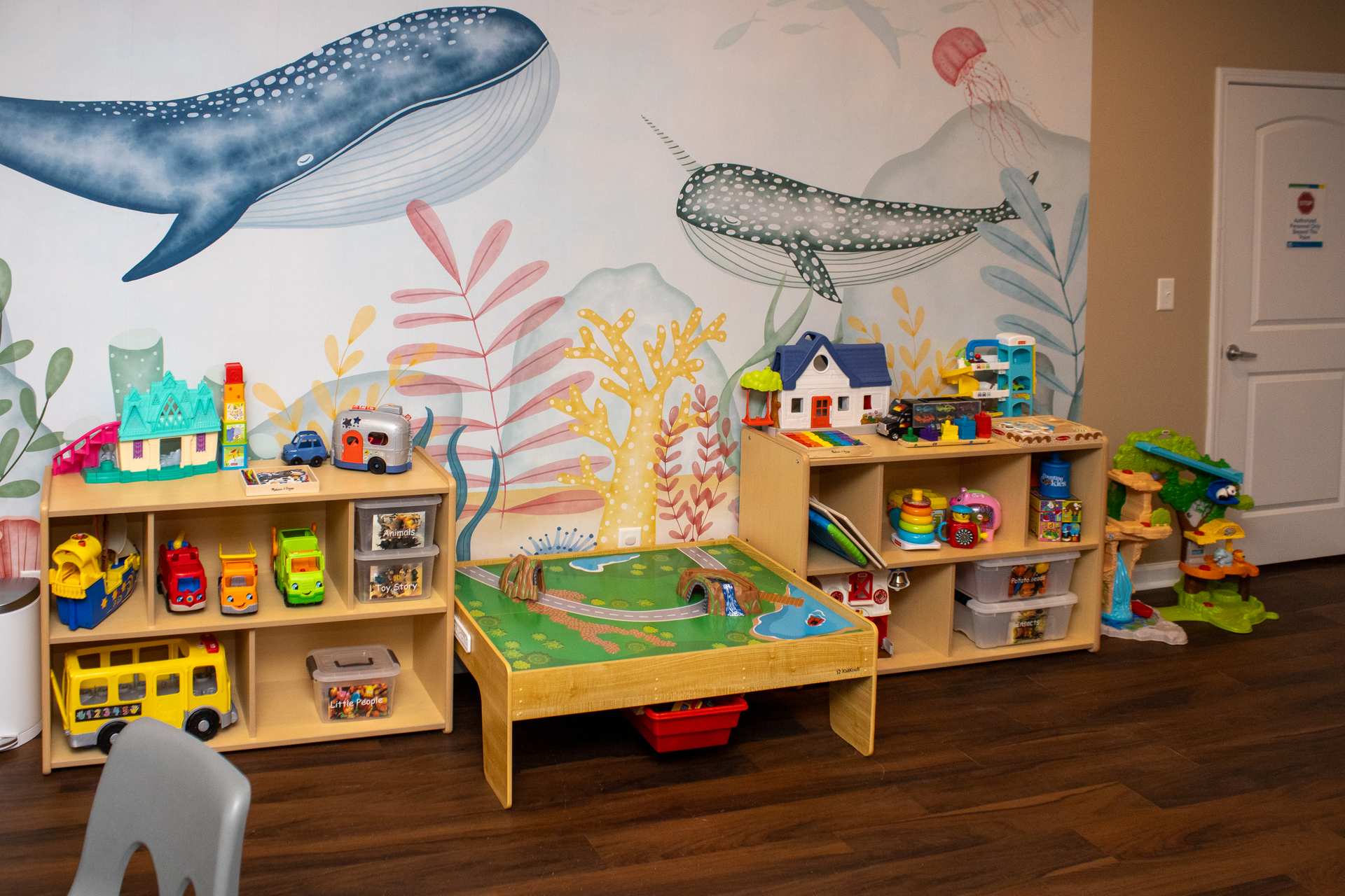Ocean-themed shelving with toy vehicles and dollhouse in a center-based ABA clinic play area