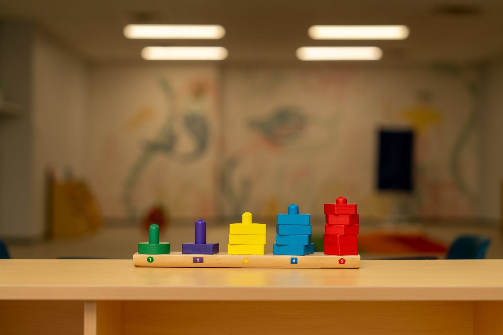 Colorful wooden shape-stacking toy on a therapy table