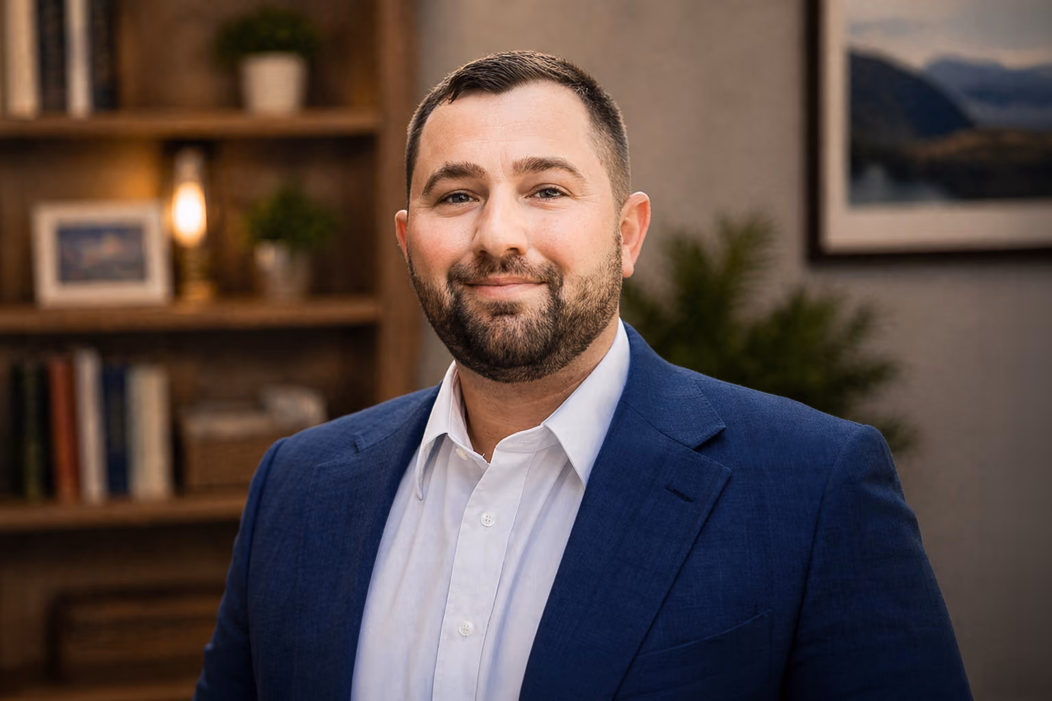 A headshot Justin McCormick of The Home Team, smiling in a navy blazer and white shirt in a warmly lit office setting