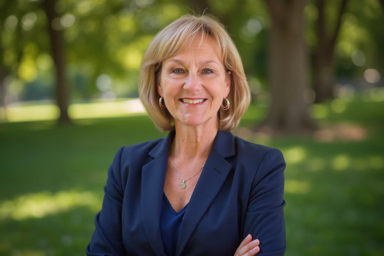 Headshot of Debra McCormick of The Home Team, smiling in a navy blouse with a softly blurred office background