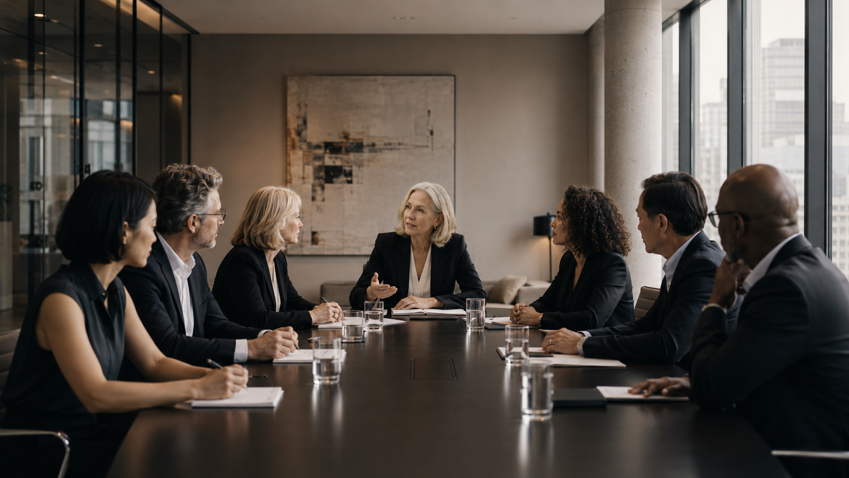 A corporate board of directors confidently making a high-stakes decision during a strategic oversight meeting.