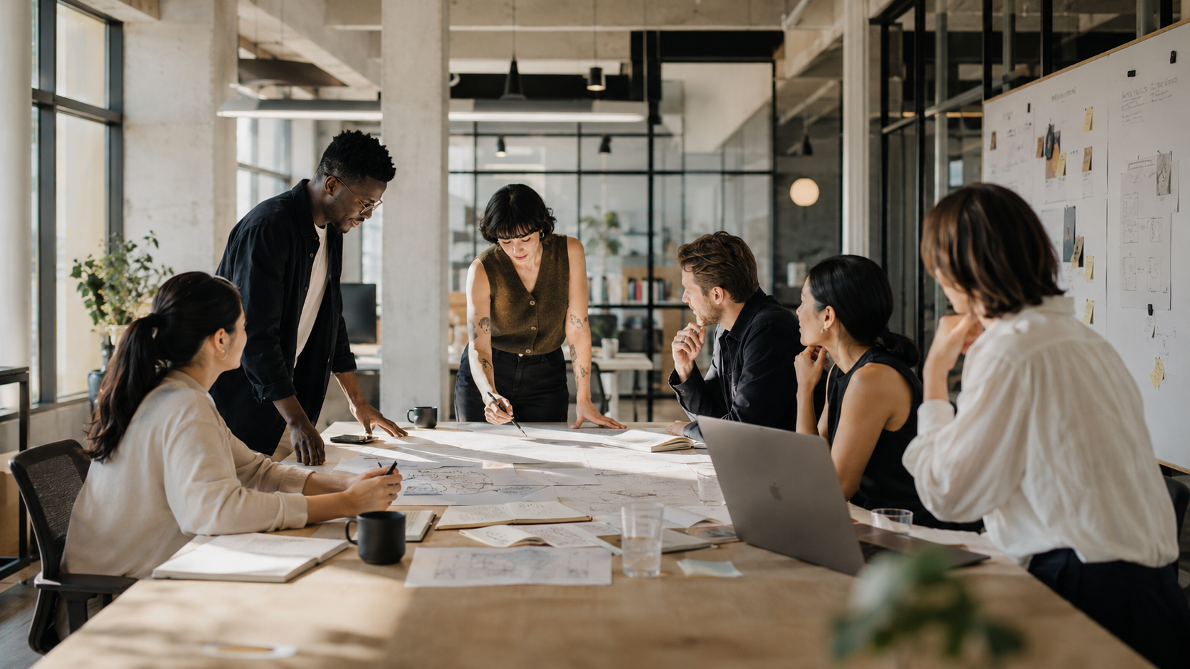 A diverse team collaborating openly in a conference room, demonstrating psychological safety and authentic communication.