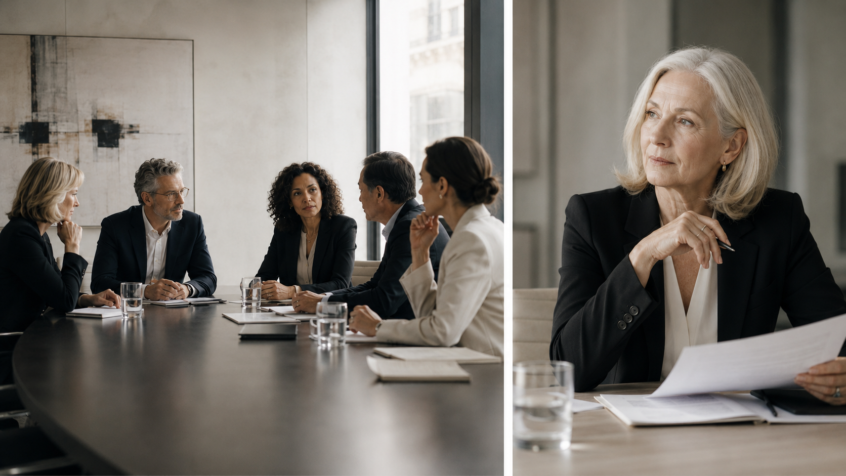 Board director's focused strategic review in private, transitioning to active participation in a corporate governance meeting.