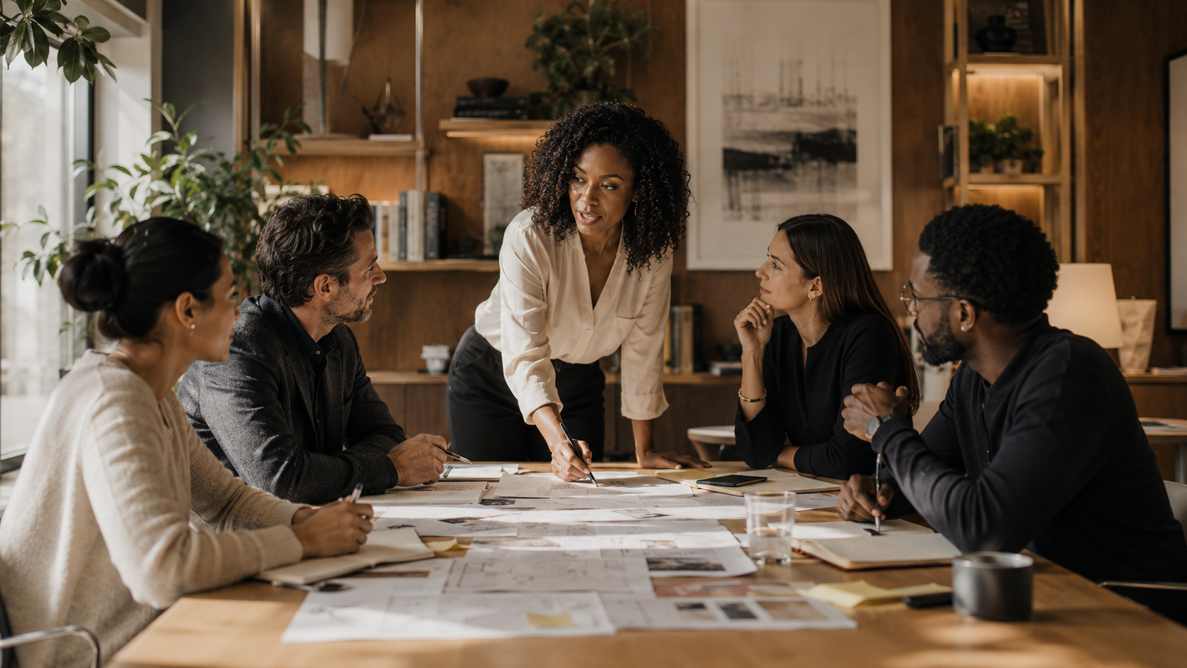 Assertive woman confidently leading a team through a project plan presentation using the Assertive Woman Framework.