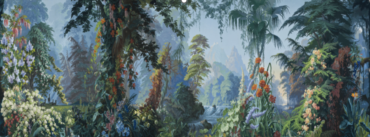 Illustration d'une forêt tropicale dense avec de grands arbres, une végétation luxuriante et des fougères au premier plan, baignée d'une lumière douce filtrant à travers la canopée.
