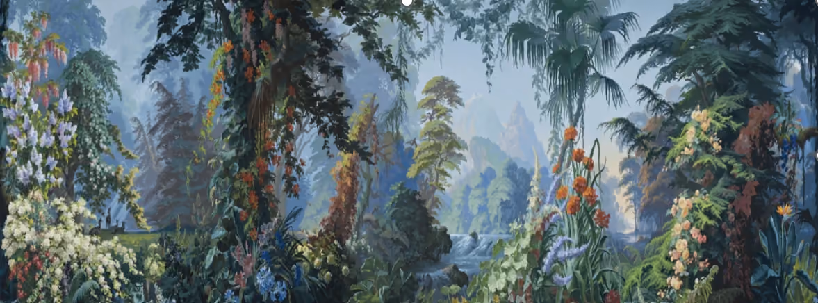 Fresque murale immersive représentant une jungle luxuriante et dense avec une végétation tropicale variée.