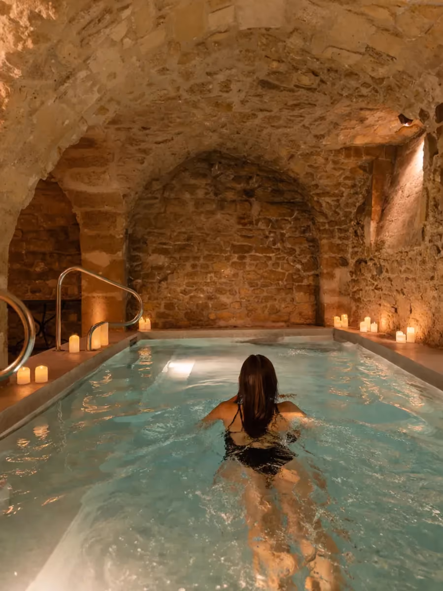 Une personne nageant dans une piscine intérieure éclairée aux bougies, située dans une chambre voûtée en pierre rustique.