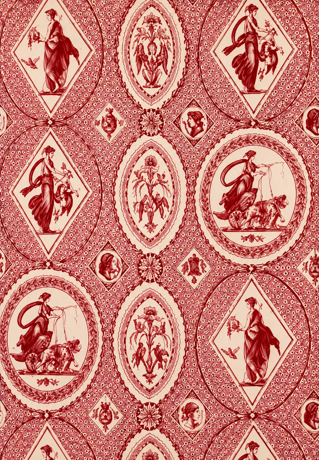 Motif décoratif rouge et blanc illustrant des figures mythologiques dans des médaillons.