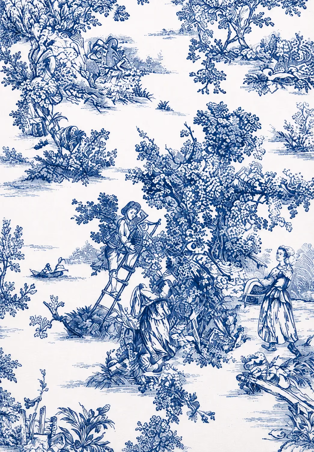 Tissu imprimé bleu présentant des activités rurales traditionnelles en plein air.