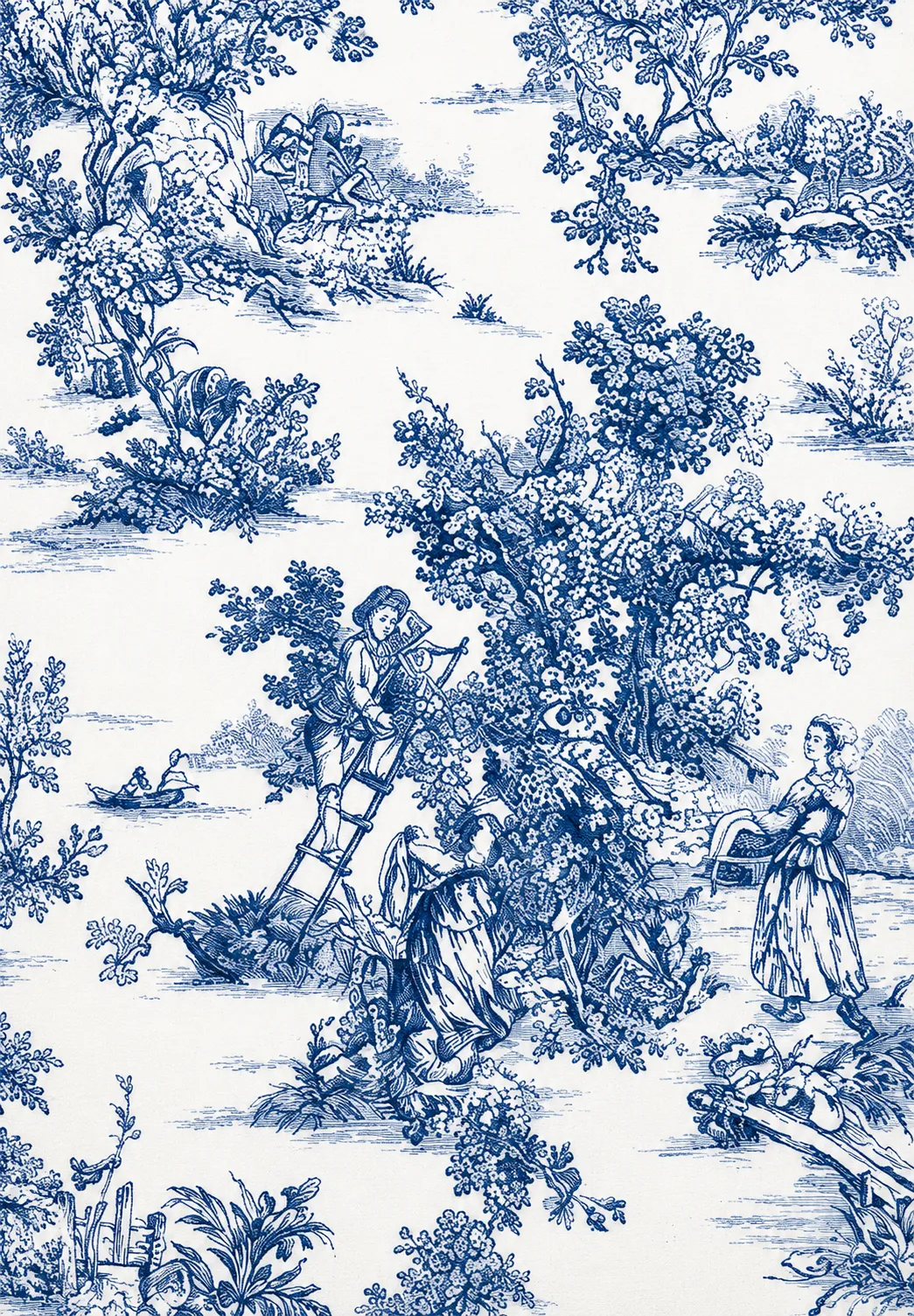 Tissu imprimé bleu présentant des activités rurales traditionnelles en plein air.