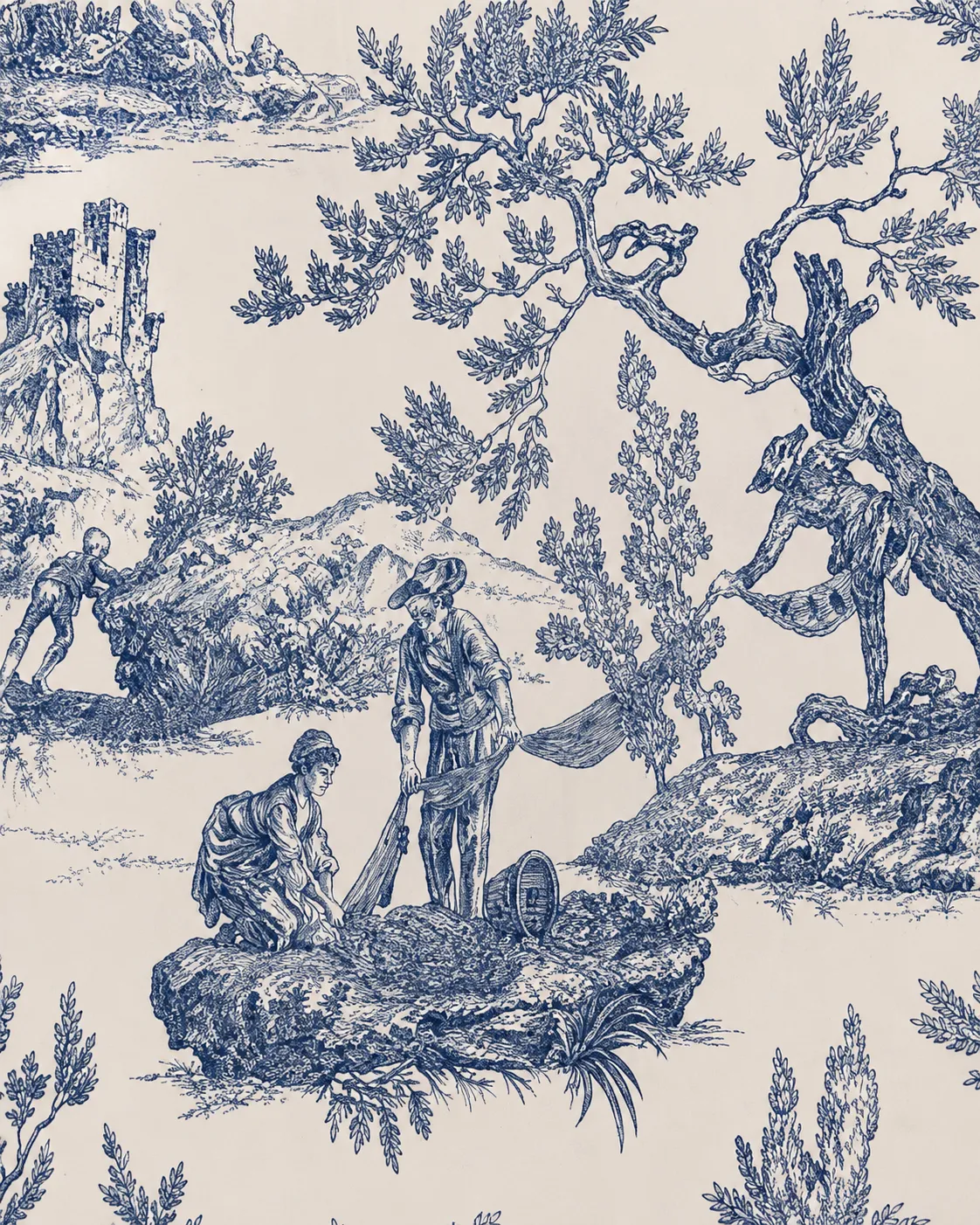 Illustration monochrome bleue sur le thème de la vie rurale avec des villageois près d'un cours d'eau.