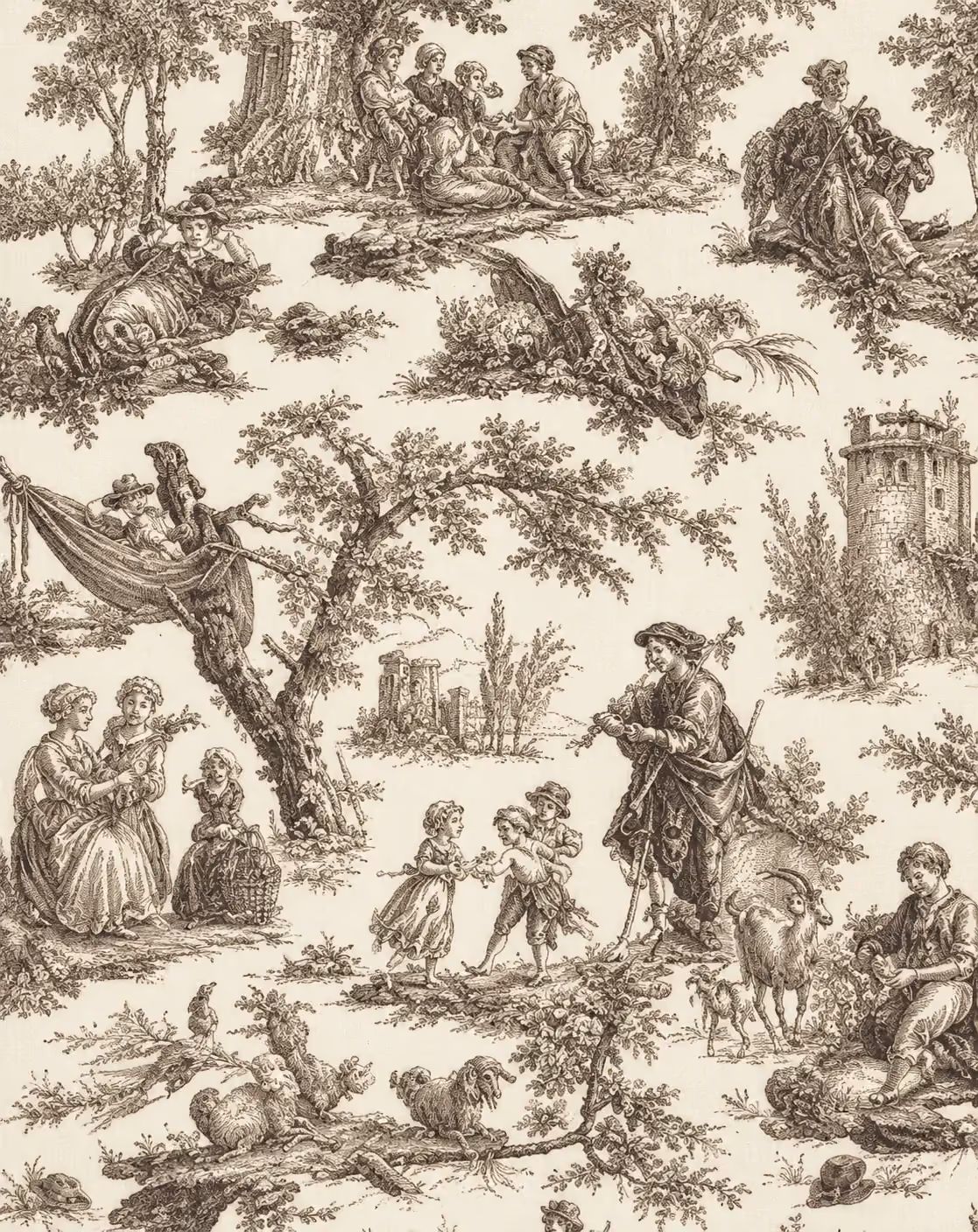 Motif décoratif sépia montrant des scènes de vie pastorale avec des enfants et des animaux.